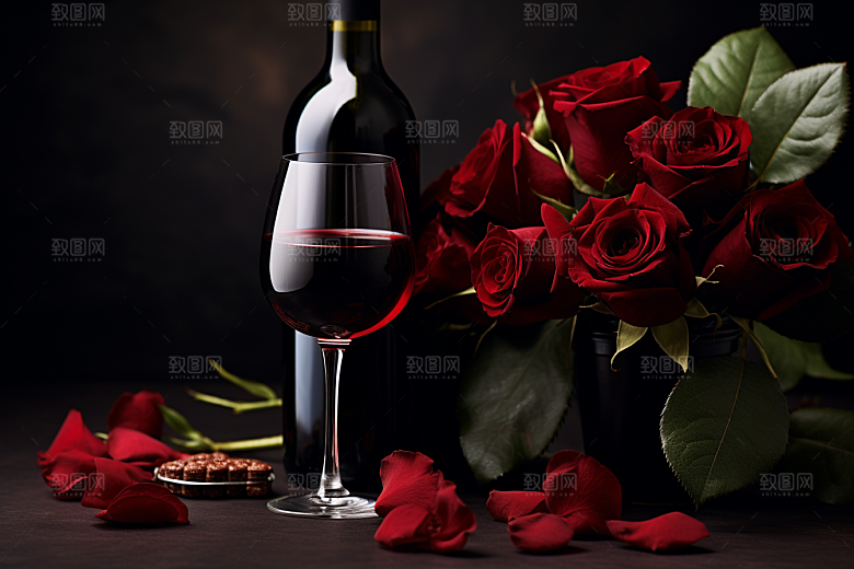 红酒玫瑰花情人节烛光晚餐摄影图