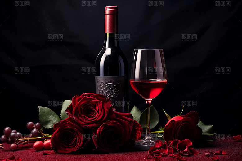 红酒玫瑰花烛光晚餐高清摄影图