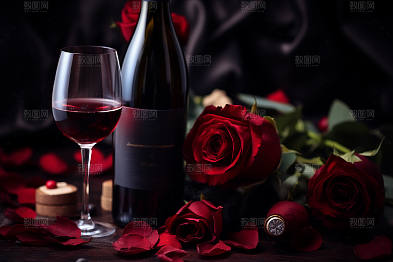 红酒玫瑰花浪漫情人节摄影图
