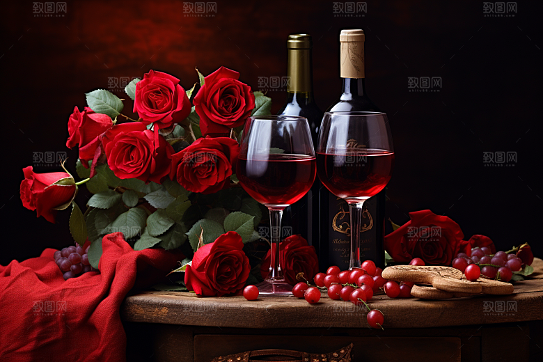 红酒玫瑰花烛光晚餐高清摄影图