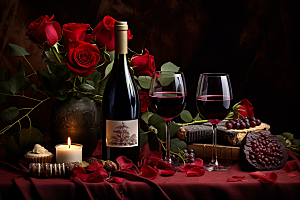 红酒玫瑰花高清烛光晚餐摄影图
