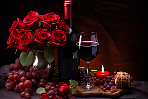 红酒玫瑰花烛光晚餐晚宴摄影图