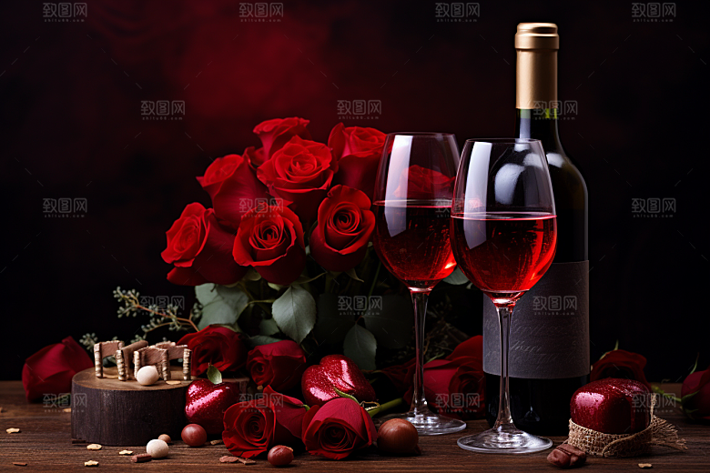 红酒玫瑰花烛光晚餐晚宴摄影图