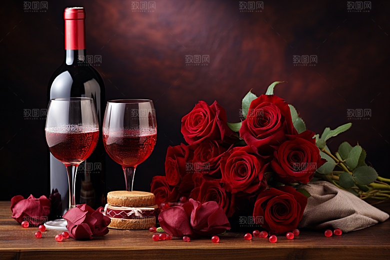 红酒玫瑰花情人节浪漫摄影图