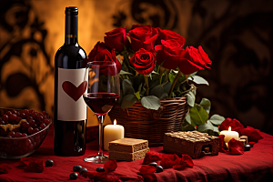 红酒玫瑰花烛光晚餐浪漫摄影图