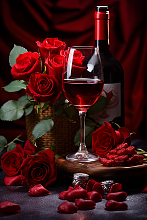 红酒玫瑰花浪漫情人节摄影图