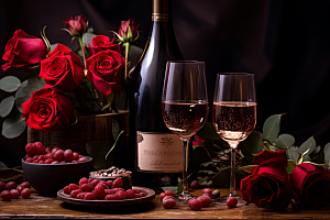 红酒玫瑰花情人节烛光晚餐摄影图