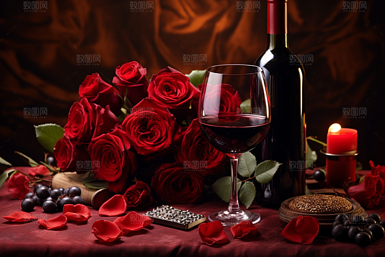 红酒玫瑰花情人节烛光晚餐摄影图