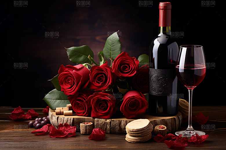 红酒玫瑰花烛光晚餐高清摄影图