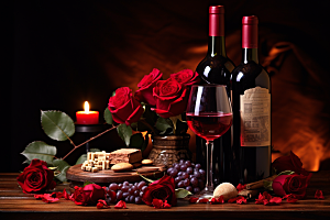 红酒玫瑰花高清浪漫摄影图