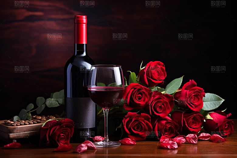 红酒玫瑰花浪漫晚宴摄影图