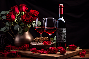 红酒玫瑰花情人节浪漫摄影图