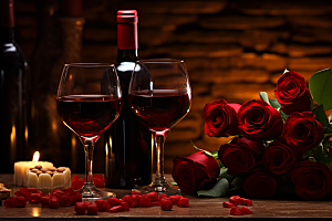 红酒玫瑰花晚宴情人节摄影图