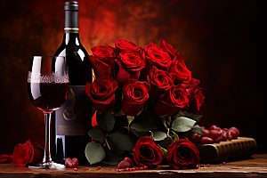 红酒玫瑰花情人节烛光晚餐摄影图