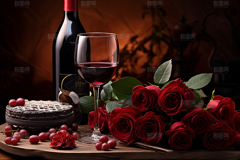 红酒玫瑰花烛光晚餐晚宴摄影图