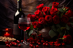 红酒玫瑰花情人节晚宴摄影图