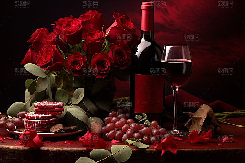红酒玫瑰花烛光晚餐高清摄影图