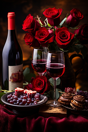 红酒玫瑰花烛光晚餐高清摄影图