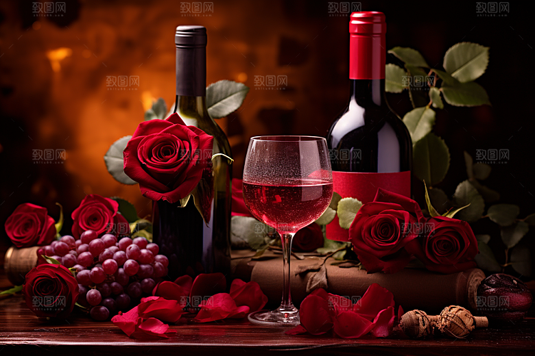 红酒玫瑰花浪漫情人节摄影图