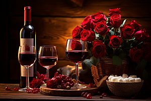 红酒玫瑰花情人节浪漫摄影图