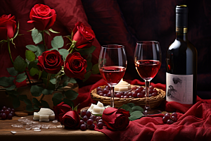 红酒玫瑰花浪漫情人节摄影图