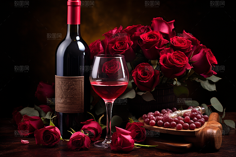 红酒玫瑰花高清烛光晚餐摄影图