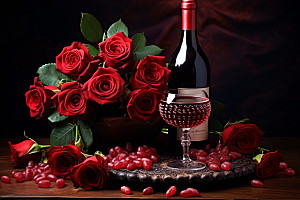 红酒玫瑰花烛光晚餐晚宴摄影图