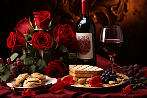 红酒玫瑰花浪漫晚宴摄影图