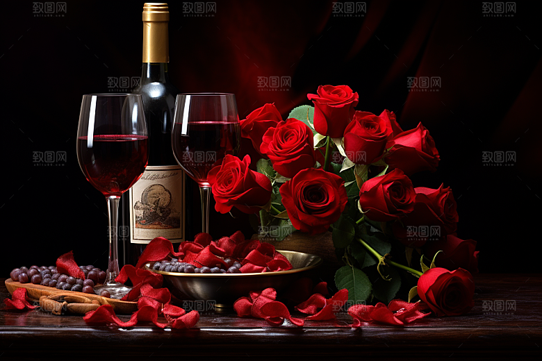红酒玫瑰花晚宴烛光晚餐摄影图