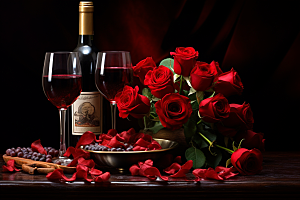 红酒玫瑰花晚宴烛光晚餐摄影图