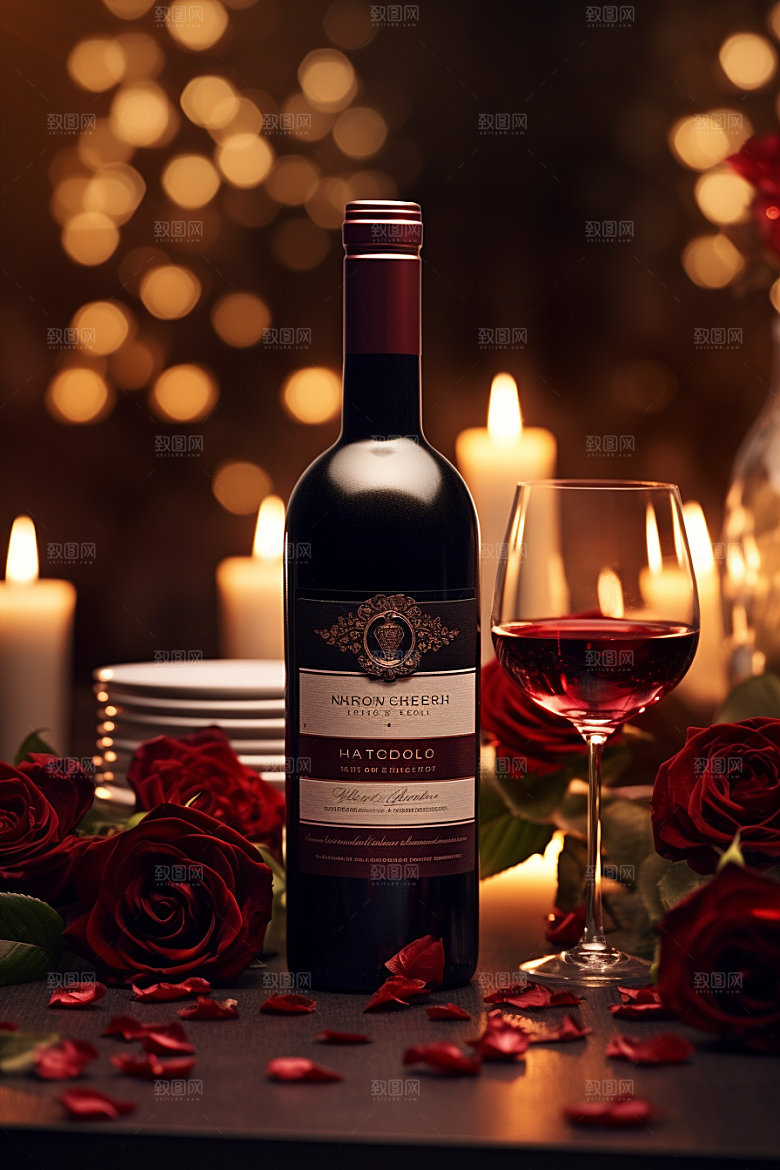 红酒玫瑰花浪漫情人节摄影图