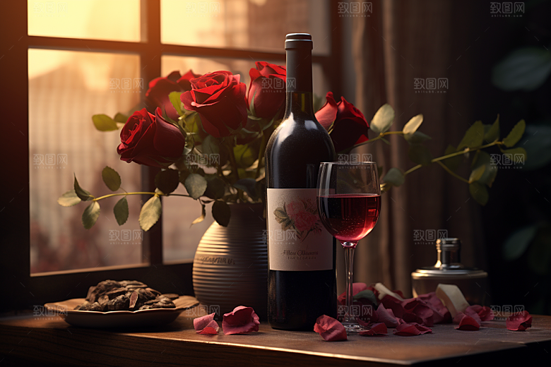红酒玫瑰花情人节烛光晚餐摄影图