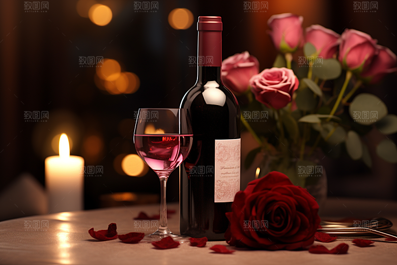 红酒玫瑰花浪漫情人节摄影图