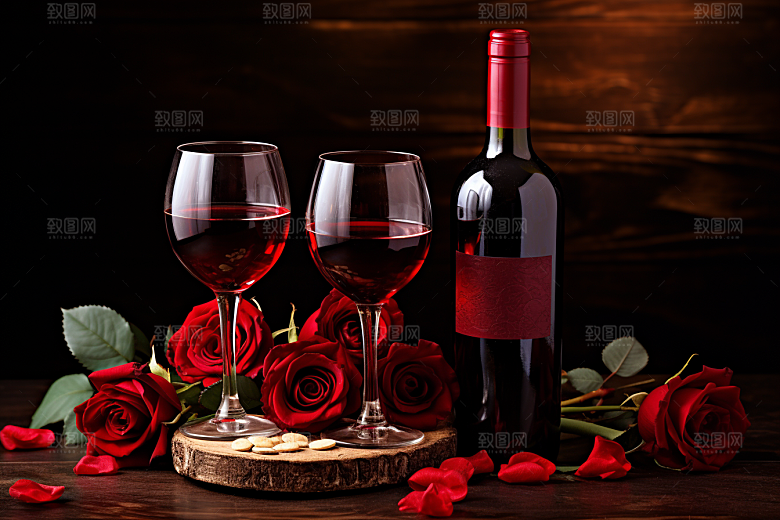 红酒玫瑰花高清烛光晚餐摄影图