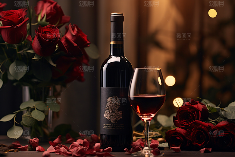 红酒玫瑰花情人节烛光晚餐摄影图