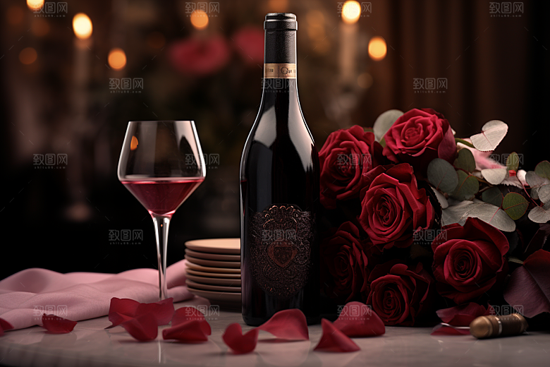 红酒玫瑰花晚宴高清摄影图