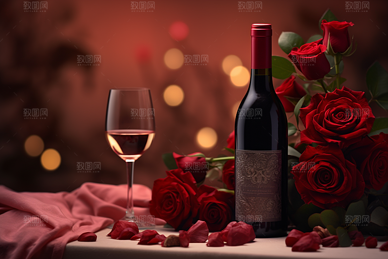 红酒玫瑰花晚宴浪漫摄影图