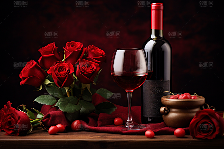 红酒玫瑰花烛光晚餐浪漫摄影图