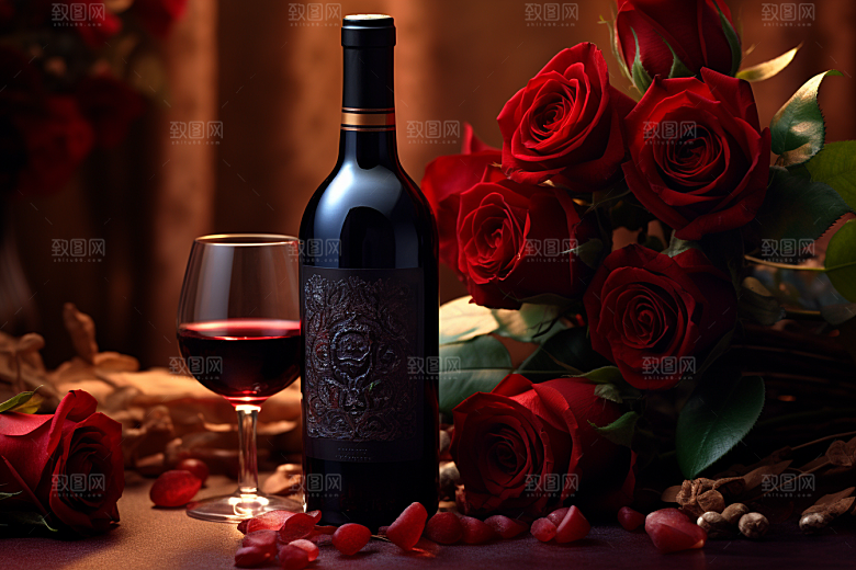 红酒玫瑰花浪漫烛光晚餐摄影图