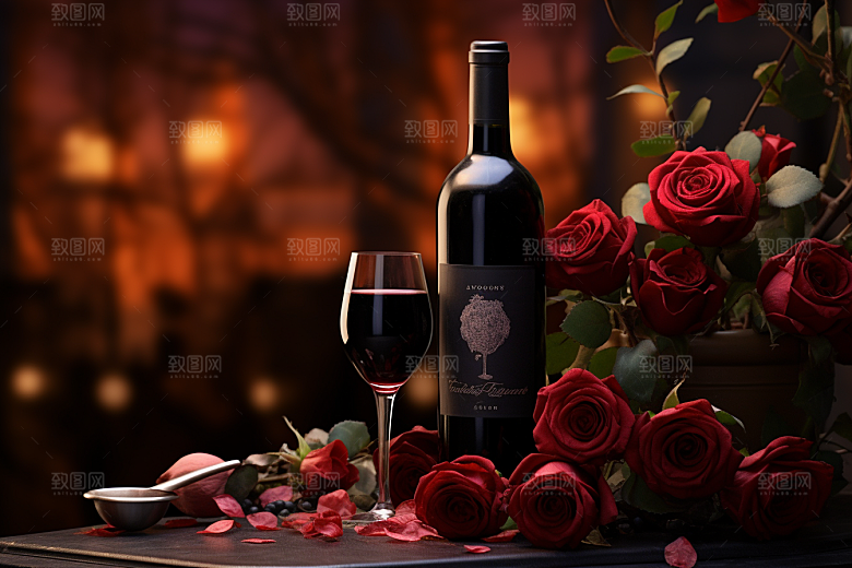 红酒玫瑰花烛光晚餐情人节摄影图
