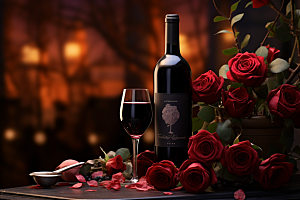 红酒玫瑰花烛光晚餐情人节摄影图