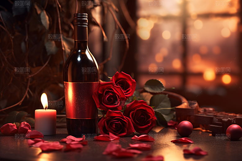 红酒玫瑰花烛光晚餐浪漫摄影图