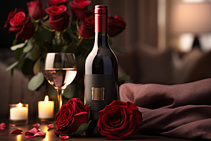 红酒玫瑰花浪漫晚宴摄影图