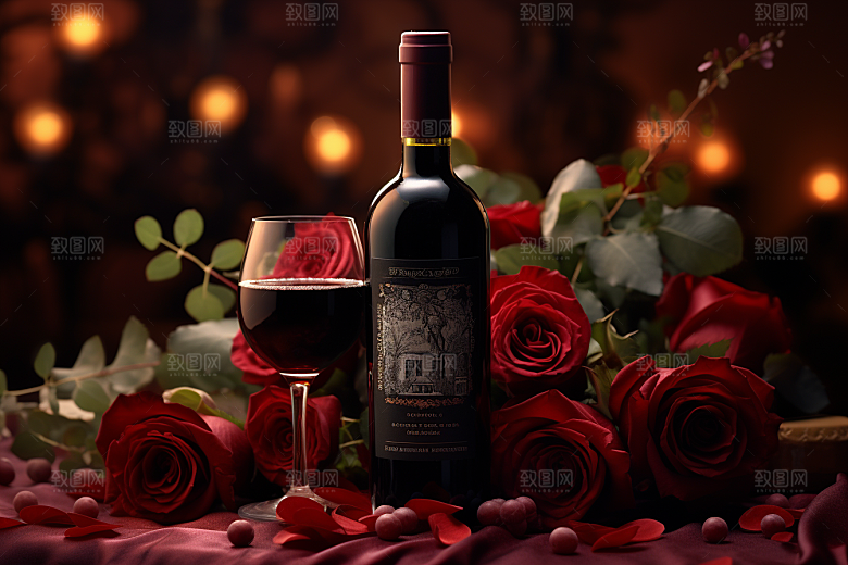 红酒玫瑰花高清情人节摄影图