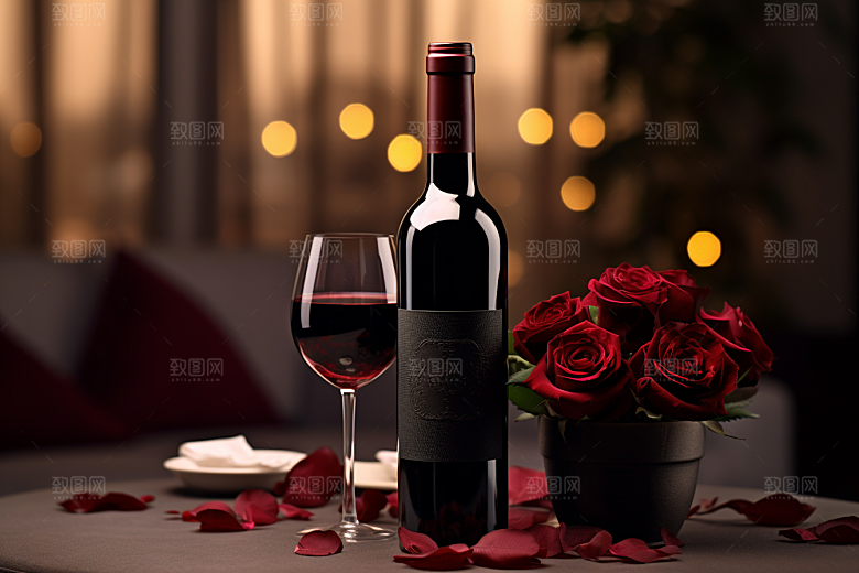 红酒玫瑰花烛光晚餐晚宴摄影图