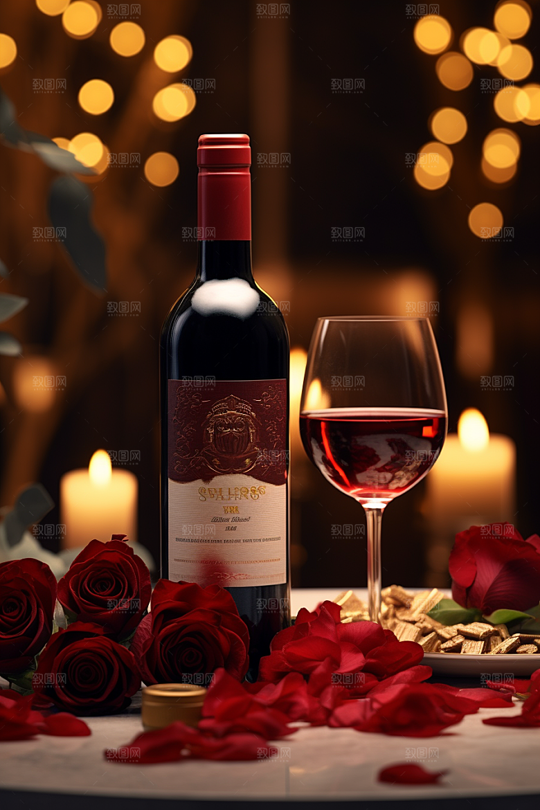 红酒玫瑰花情人节烛光晚餐摄影图