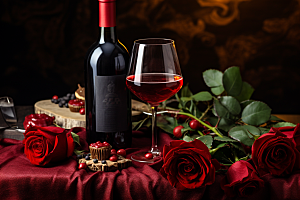 红酒玫瑰花浪漫烛光晚餐摄影图