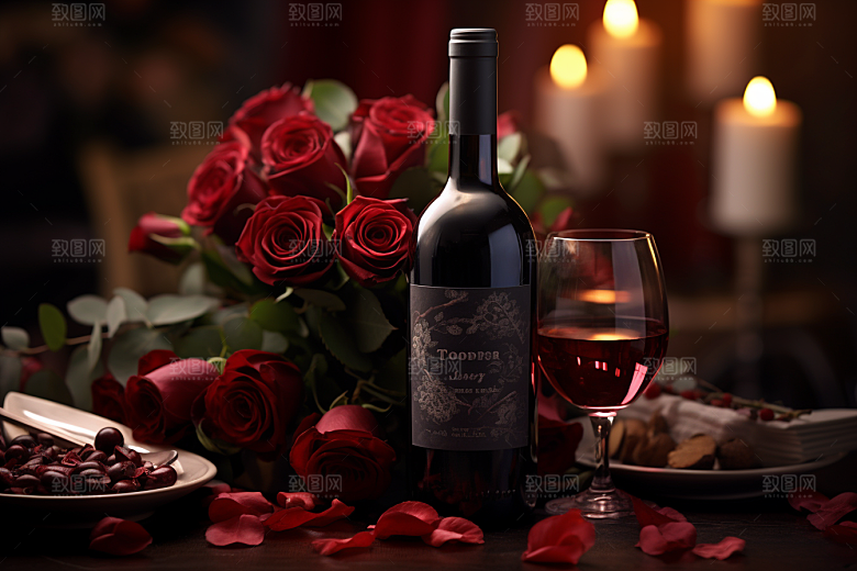 红酒玫瑰花烛光晚餐高清摄影图