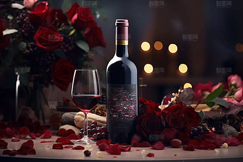 红酒玫瑰花烛光晚餐浪漫摄影图