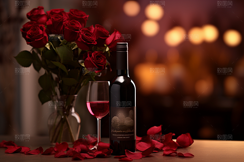 红酒玫瑰花烛光晚餐高清摄影图